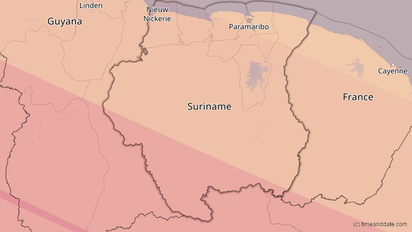 A map of Suriname, showing the path of the 6. Dez 2067 Totale Sonnenfinsternis