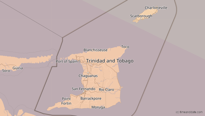 A map of Trinidad und Tobago, showing the path of the 6. Dez 2067 Totale Sonnenfinsternis