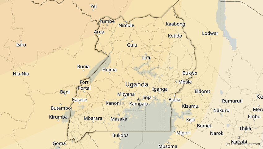 A map of Uganda, showing the path of the 6. Dez 2067 Totale Sonnenfinsternis
