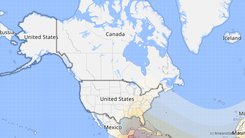 A map of USA, showing the path of the 6. Dez 2067 Totale Sonnenfinsternis