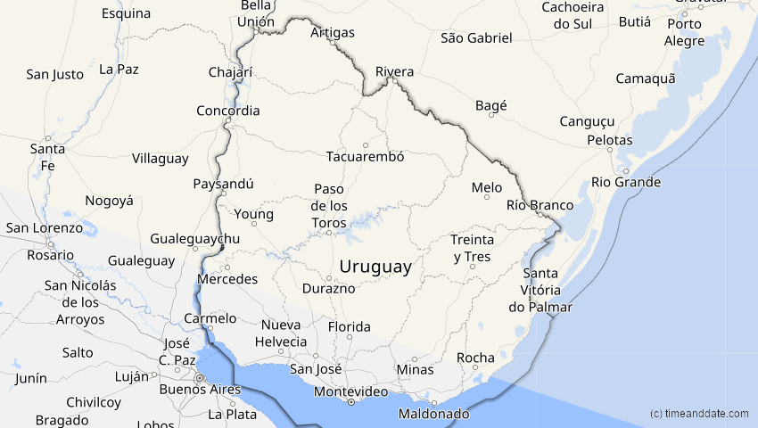A map of Uruguay, showing the path of the 6. Dez 2067 Totale Sonnenfinsternis