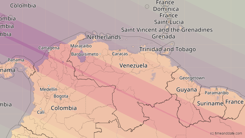 A map of Venezuela, showing the path of the 6. Dez 2067 Totale Sonnenfinsternis