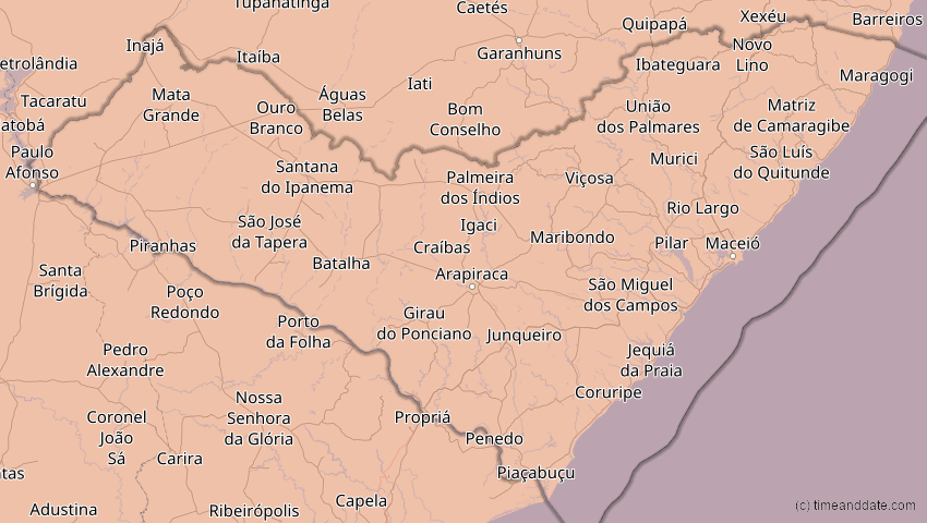 A map of Alagoas, Brasilien, showing the path of the 6. Dez 2067 Totale Sonnenfinsternis