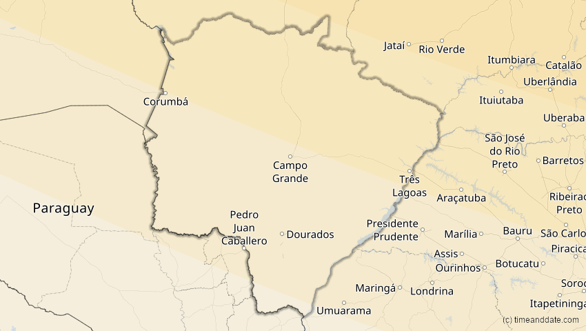 A map of Mato Grosso do Sul, Brasilien, showing the path of the 6. Dez 2067 Totale Sonnenfinsternis