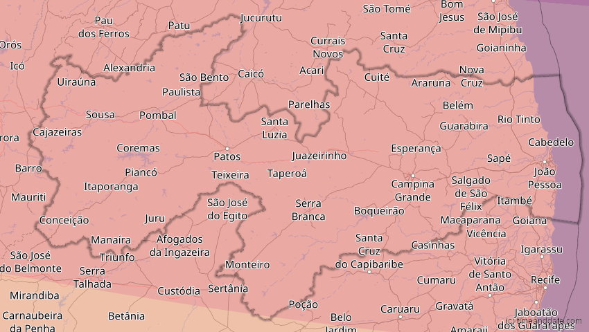 A map of Paraíba, Brasilien, showing the path of the 6. Dez 2067 Totale Sonnenfinsternis