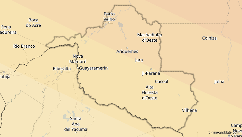 A map of Rondônia, Brasilien, showing the path of the 6. Dez 2067 Totale Sonnenfinsternis