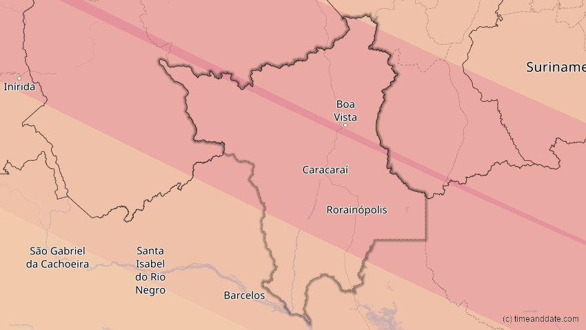 A map of Roraima, Brasilien, showing the path of the 6. Dez 2067 Totale Sonnenfinsternis