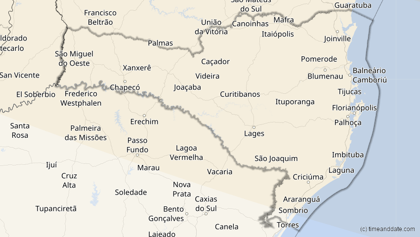 A map of Santa Catarina, Brasilien, showing the path of the 6. Dez 2067 Totale Sonnenfinsternis