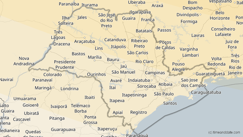 A map of São Paulo, Brasilien, showing the path of the 6. Dez 2067 Totale Sonnenfinsternis