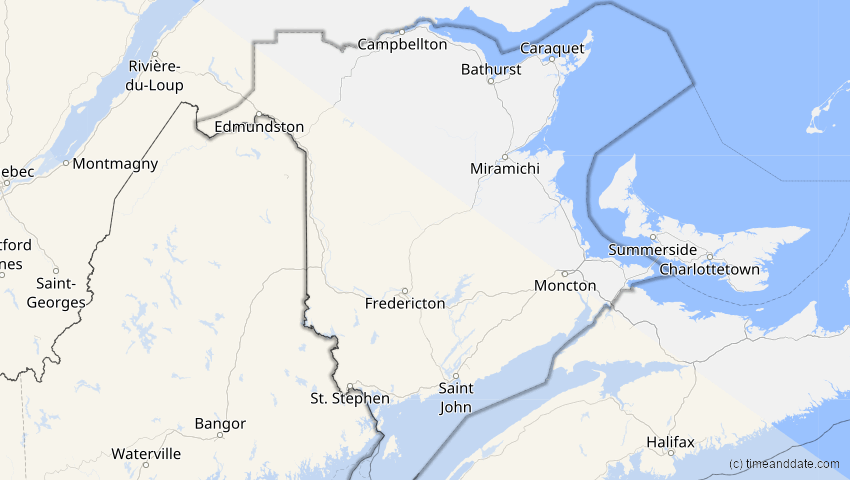 A map of New Brunswick, Kanada, showing the path of the 6. Dez 2067 Totale Sonnenfinsternis