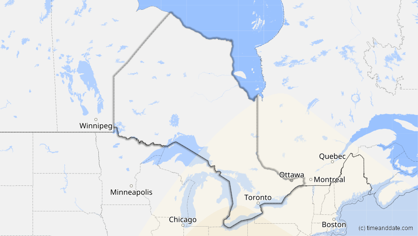 A map of Ontario, Kanada, showing the path of the 6. Dez 2067 Totale Sonnenfinsternis