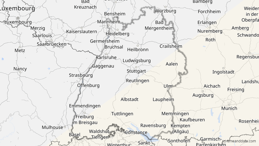 A map of Baden-Württemberg, Deutschland, showing the path of the 6. Dez 2067 Totale Sonnenfinsternis