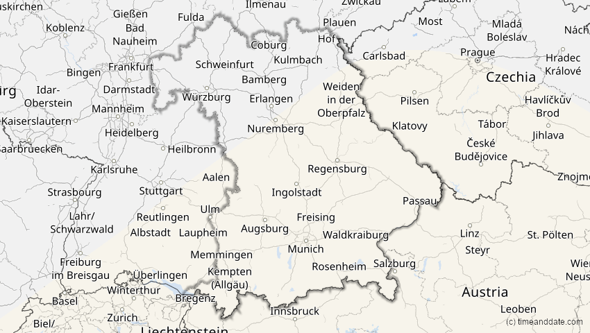 A map of Bayern, Deutschland, showing the path of the 6. Dez 2067 Totale Sonnenfinsternis