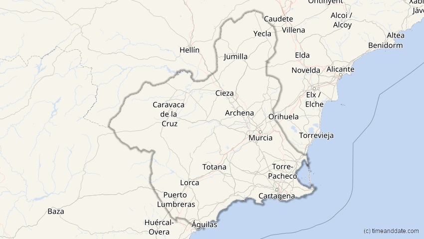 A map of Murcia, Spanien, showing the path of the 6. Dez 2067 Totale Sonnenfinsternis