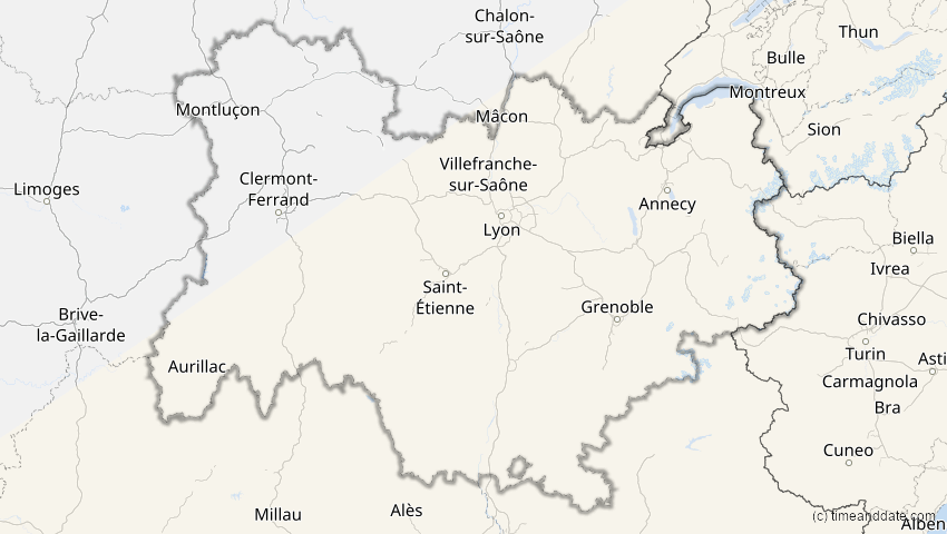 A map of Auvergne-Rhône-Alpes, Frankreich, showing the path of the 6. Dez 2067 Totale Sonnenfinsternis