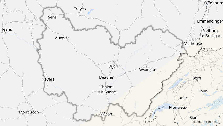 A map of Bourgogne-Franche-Comté, Frankreich, showing the path of the 6. Dez 2067 Totale Sonnenfinsternis
