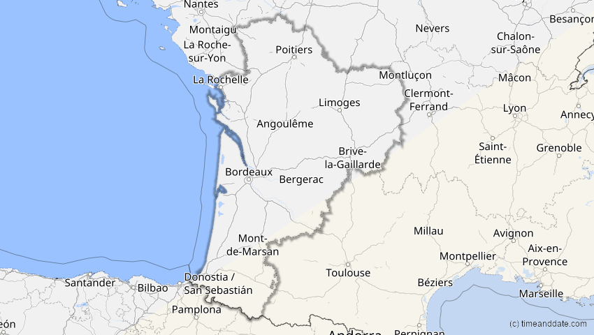 A map of Nouvelle-Aquitaine, Frankreich, showing the path of the 6. Dez 2067 Totale Sonnenfinsternis