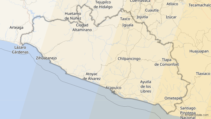 A map of Guerrero, Mexiko, showing the path of the 6. Dez 2067 Totale Sonnenfinsternis