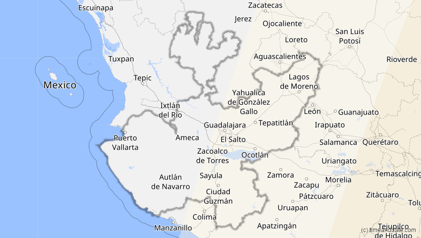 A map of Jalisco, Mexiko, showing the path of the 6. Dez 2067 Totale Sonnenfinsternis