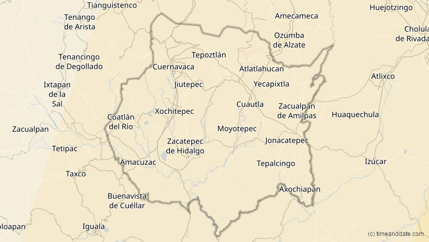 A map of Morelos, Mexiko, showing the path of the 6. Dez 2067 Totale Sonnenfinsternis