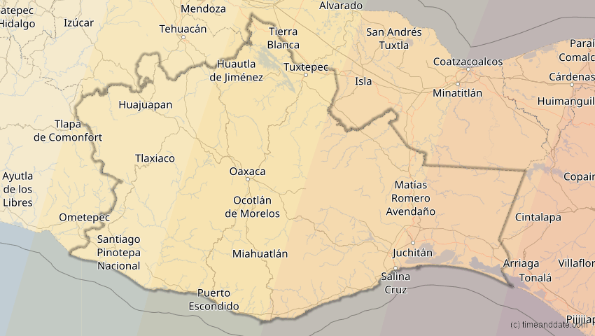 A map of Oaxaca, Mexiko, showing the path of the 6. Dez 2067 Totale Sonnenfinsternis