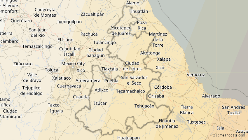 A map of Puebla, Mexiko, showing the path of the 6. Dez 2067 Totale Sonnenfinsternis