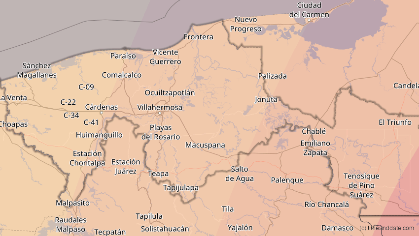 A map of Tabasco, Mexiko, showing the path of the 6. Dez 2067 Totale Sonnenfinsternis