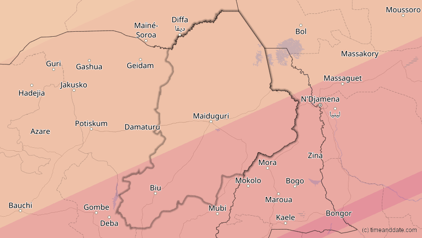 A map of Borno, Nigeria, showing the path of the 6. Dez 2067 Totale Sonnenfinsternis