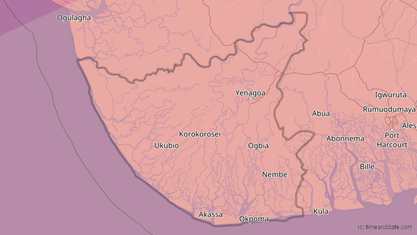 A map of Bayelsa, Nigeria, showing the path of the 6. Dez 2067 Totale Sonnenfinsternis