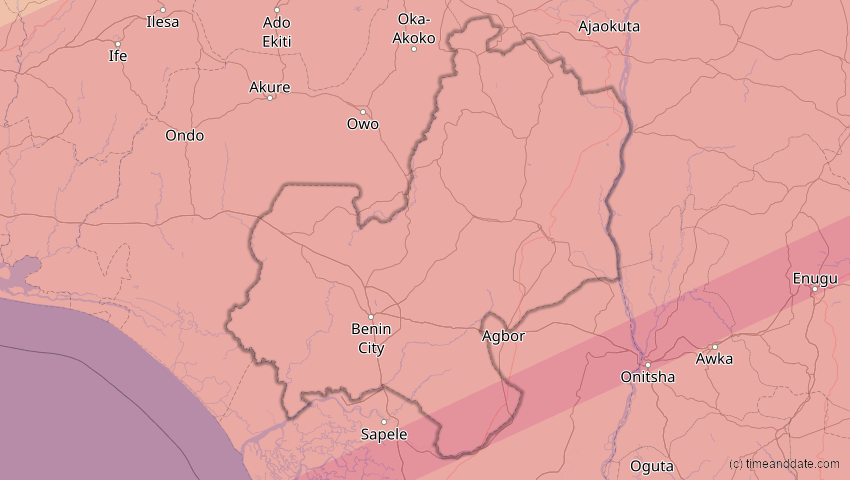 A map of Edo, Nigeria, showing the path of the 6. Dez 2067 Totale Sonnenfinsternis