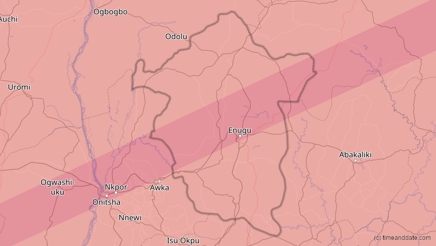 A map of Enugu, Nigeria, showing the path of the 6. Dez 2067 Totale Sonnenfinsternis