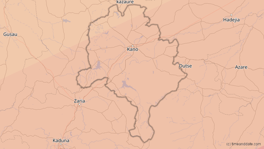 A map of Kano , Nigeria, showing the path of the 6. Dez 2067 Totale Sonnenfinsternis