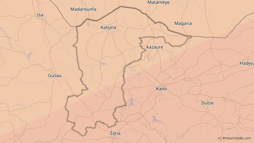 A map of Katsina , Nigeria, showing the path of the 6. Dez 2067 Totale Sonnenfinsternis
