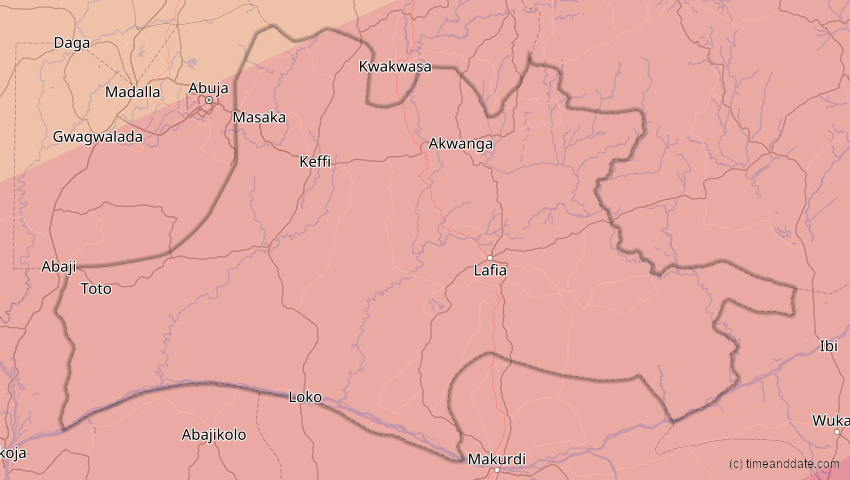 A map of Nassarawa, Nigeria, showing the path of the 6. Dez 2067 Totale Sonnenfinsternis