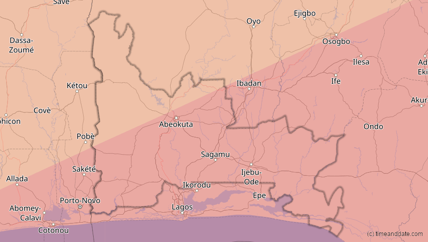 A map of Ogun, Nigeria, showing the path of the 6. Dez 2067 Totale Sonnenfinsternis