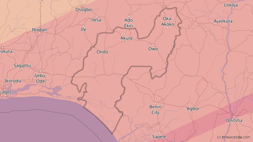 A map of Ondo, Nigeria, showing the path of the 6. Dez 2067 Totale Sonnenfinsternis