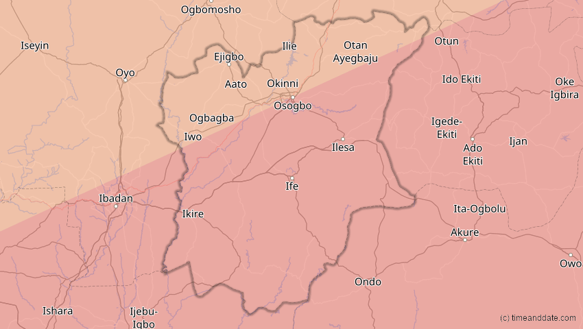 A map of Osun, Nigeria, showing the path of the 6. Dez 2067 Totale Sonnenfinsternis