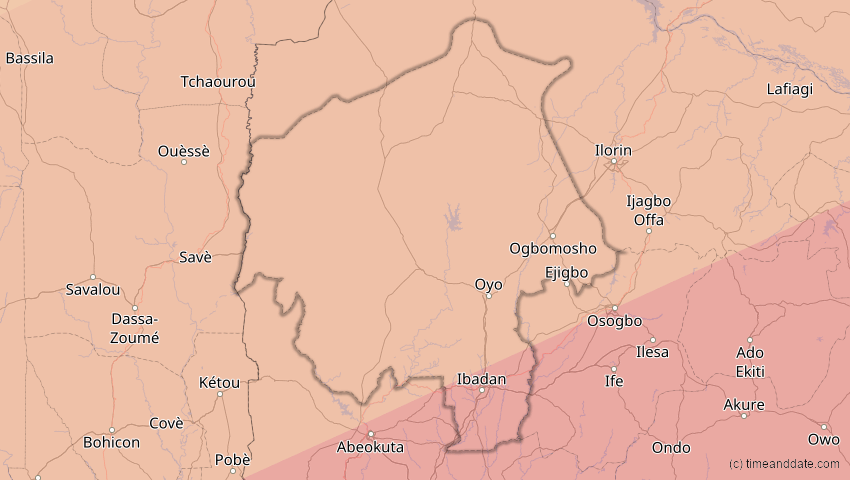 A map of Oyo, Nigeria, showing the path of the 6. Dez 2067 Totale Sonnenfinsternis