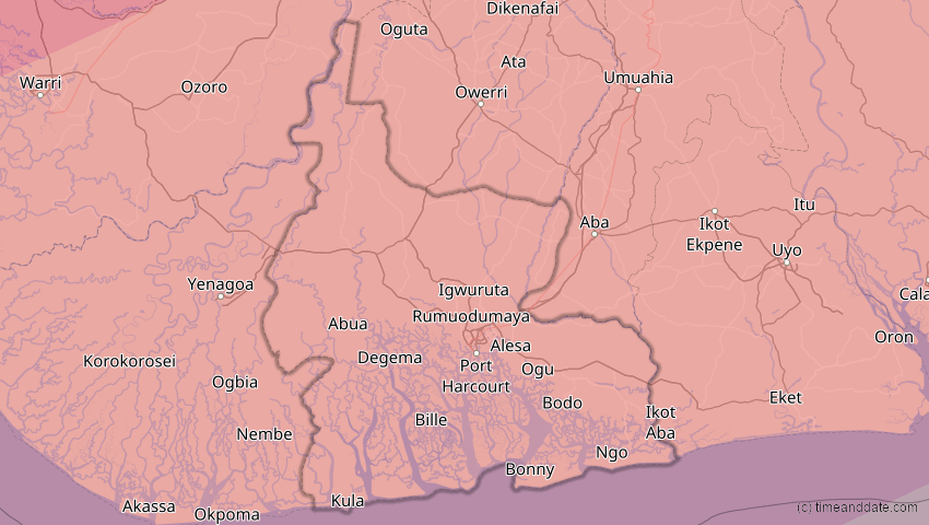 A map of Rivers, Nigeria, showing the path of the 6. Dez 2067 Totale Sonnenfinsternis