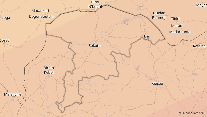 A map of Sokoto, Nigeria, showing the path of the 6. Dez 2067 Totale Sonnenfinsternis