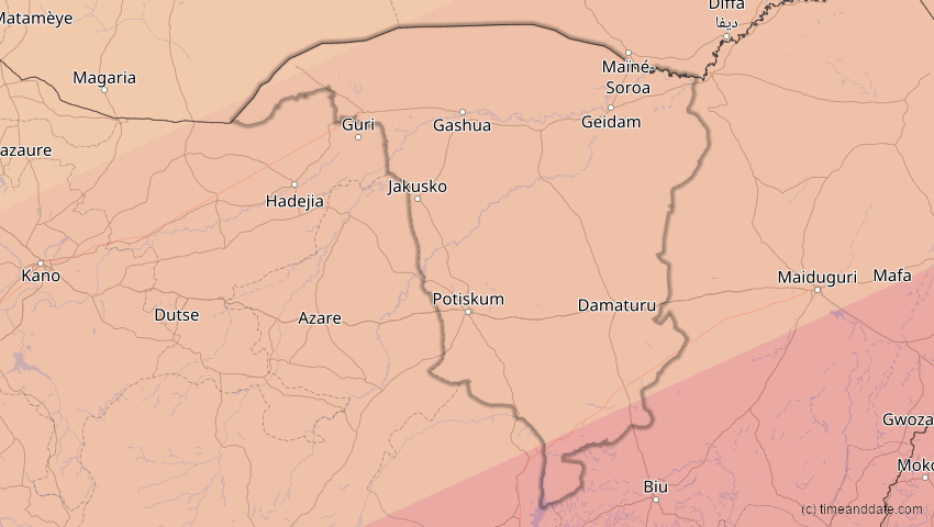 A map of Yobe, Nigeria, showing the path of the 6. Dez 2067 Totale Sonnenfinsternis