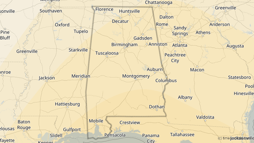 A map of Alabama, USA, showing the path of the 6. Dez 2067 Totale Sonnenfinsternis