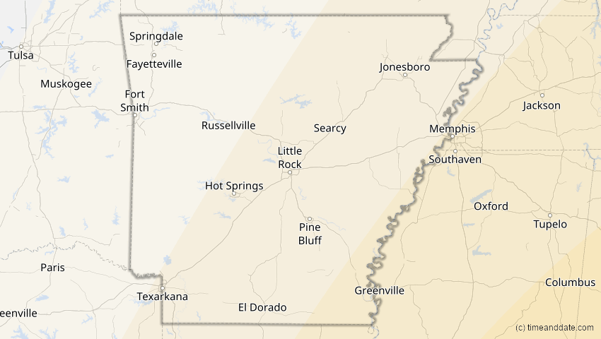 A map of Arkansas, USA, showing the path of the 6. Dez 2067 Totale Sonnenfinsternis