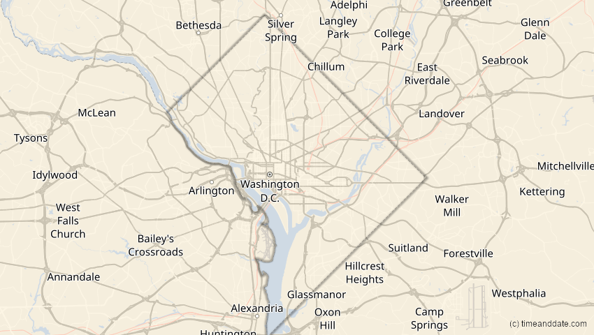 A map of District of Columbia, USA, showing the path of the 6. Dez 2067 Totale Sonnenfinsternis