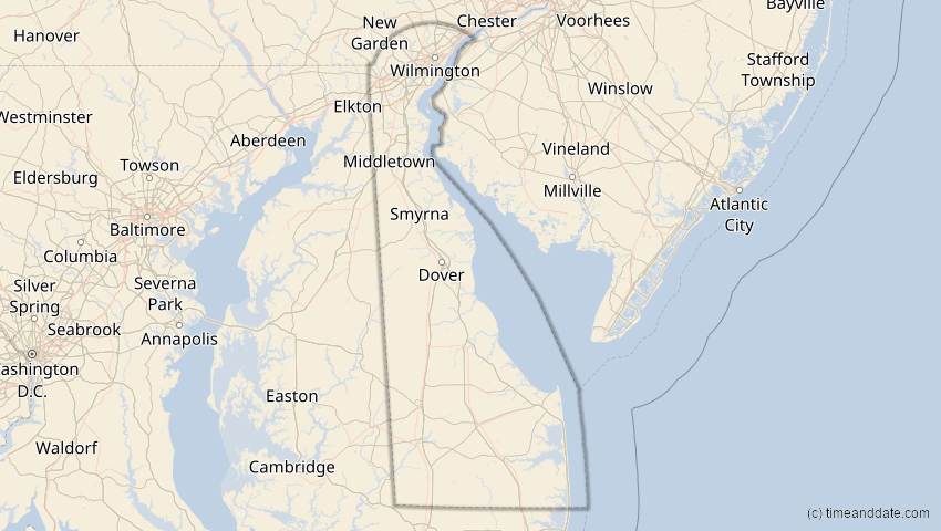 A map of Delaware, USA, showing the path of the 6. Dez 2067 Totale Sonnenfinsternis