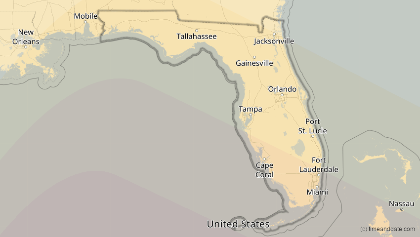 A map of Florida, USA, showing the path of the 6. Dez 2067 Totale Sonnenfinsternis