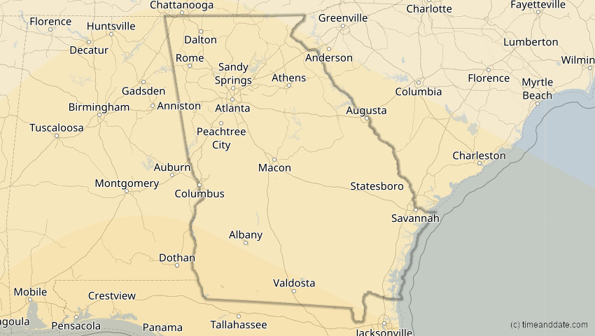 A map of Georgia, USA, showing the path of the 6. Dez 2067 Totale Sonnenfinsternis