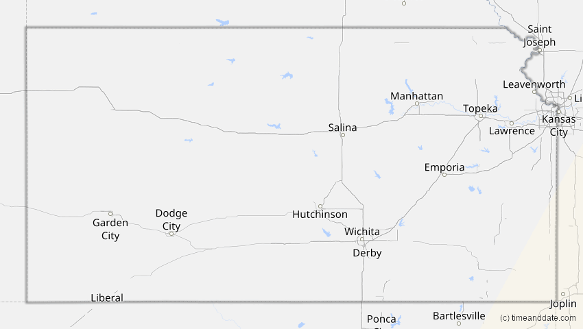 A map of Kansas, USA, showing the path of the 6. Dez 2067 Totale Sonnenfinsternis