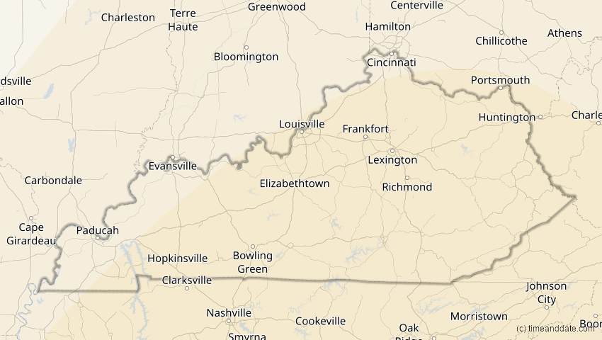 A map of Kentucky, USA, showing the path of the 6. Dez 2067 Totale Sonnenfinsternis