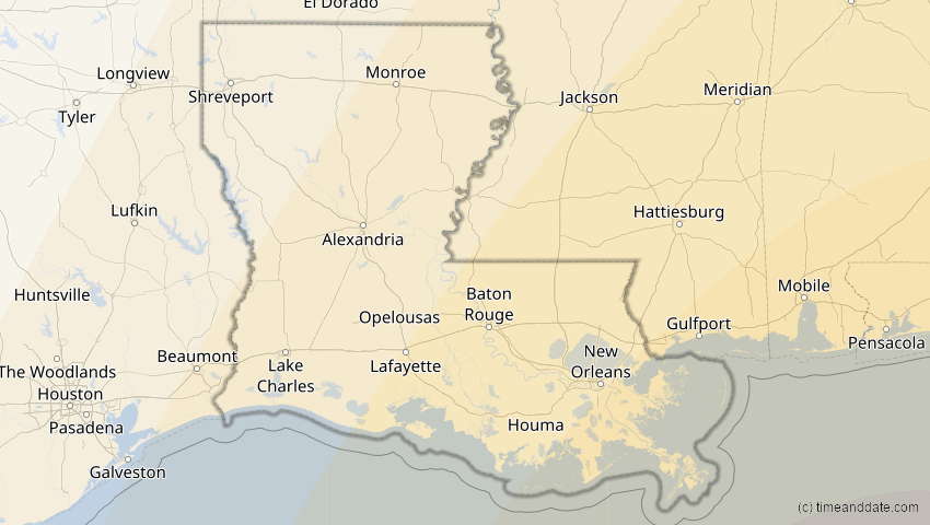 A map of Louisiana, USA, showing the path of the 6. Dez 2067 Totale Sonnenfinsternis